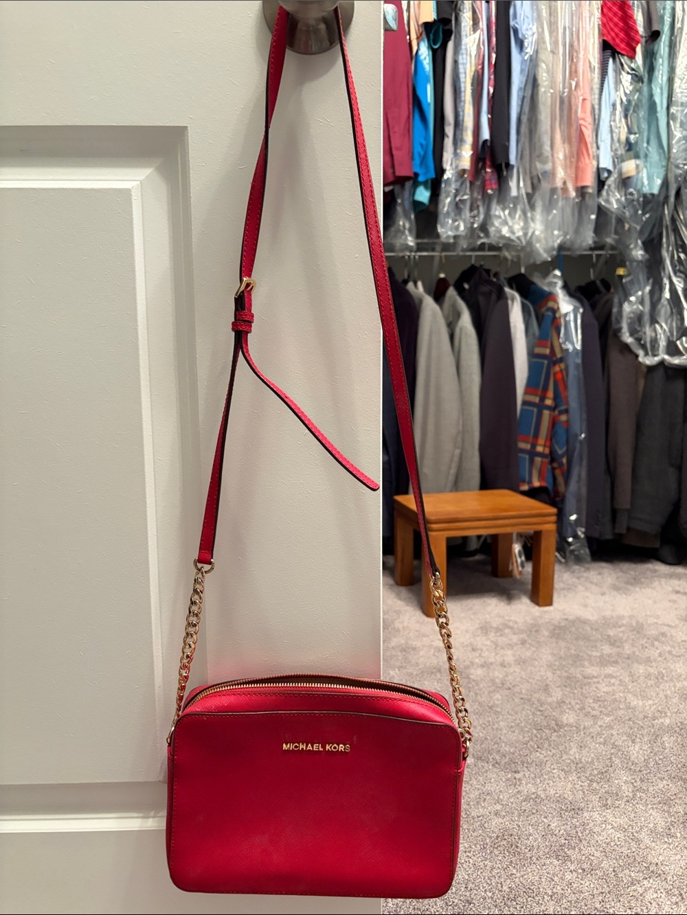 Michael Kors Red Leather Chain-Accent Crossbody